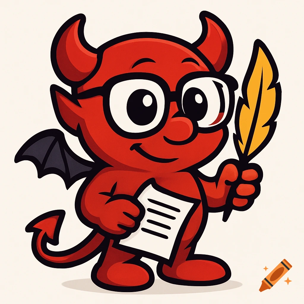 A cute cartoon red daemon mascot with small wings and a tail, wearing thick glasses, holding a quill pen and paper with text lines.