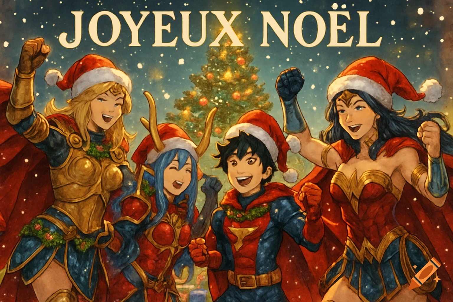 Anime-style cosplayers in Santa hats and festive superhero costumes celebrate Christmas under a snowy sky with a decorated tree, text 'Joyeux Noël'.