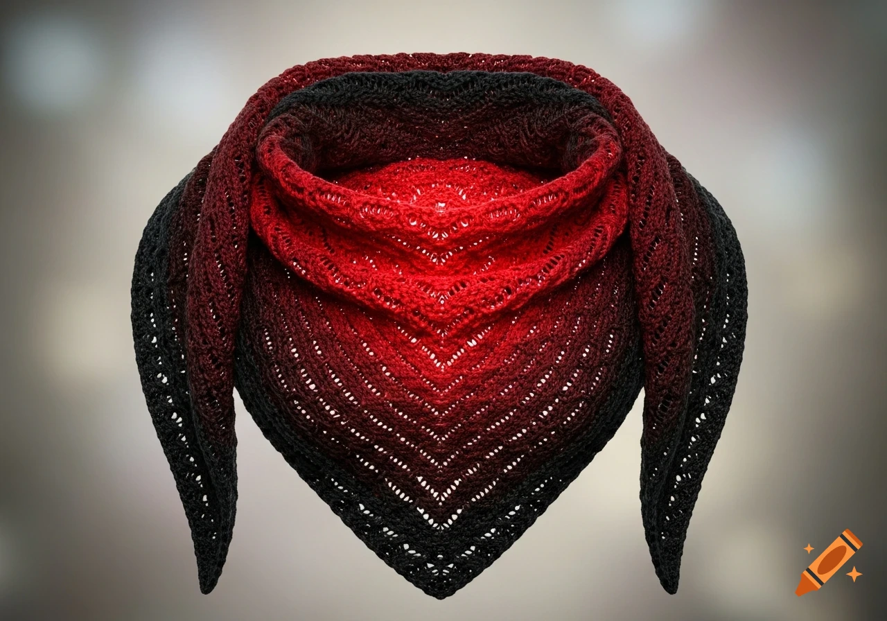 A triangular knitted shawl with a black to red gradient color transition and a chevron pattern.