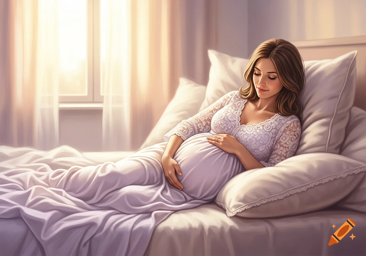 A serene pregnant woman lies in a sunlit bed, gently touching her belly, depicted in a soft illustrated style.