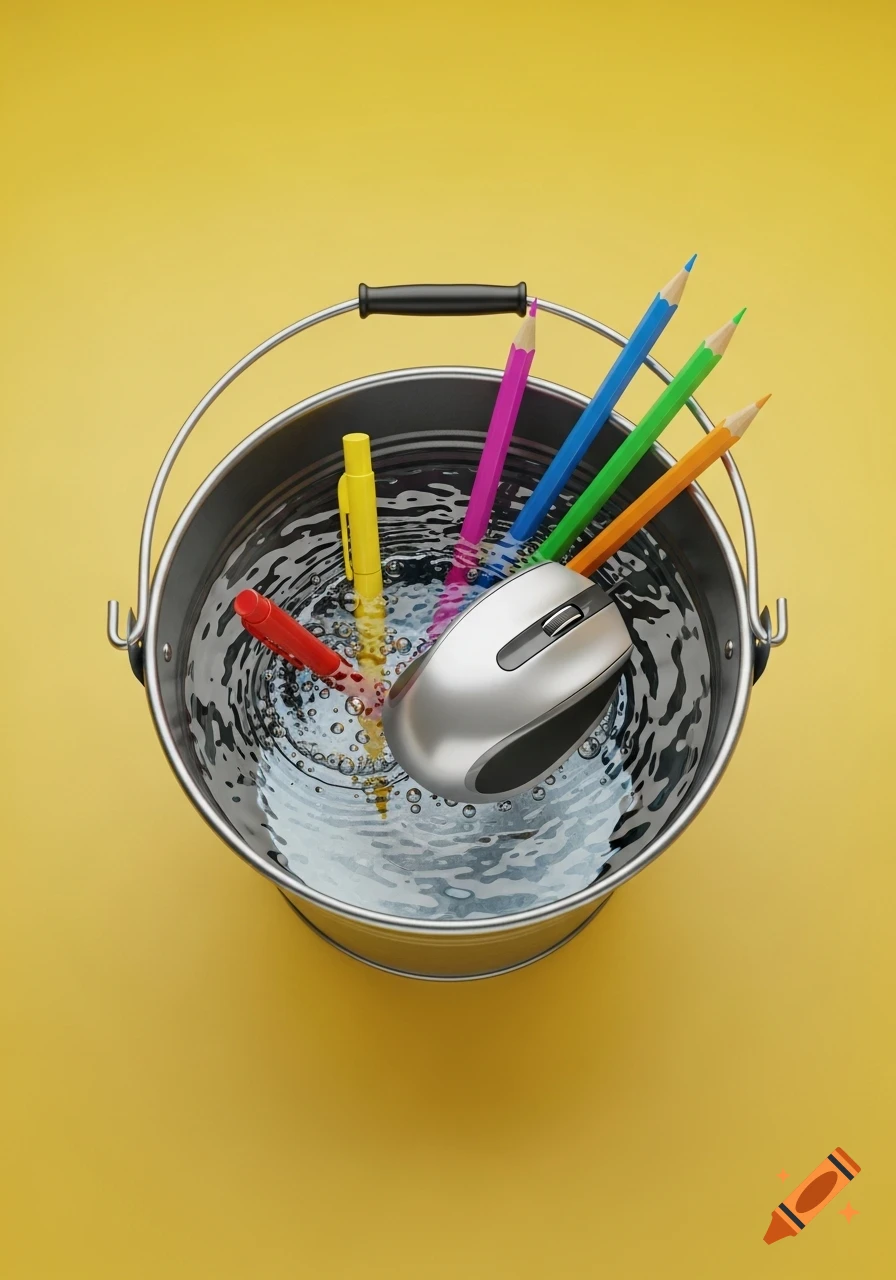 A silver computer mouse, colorful pencils, and pens float in a bucket of bubbling water against a yellow background.