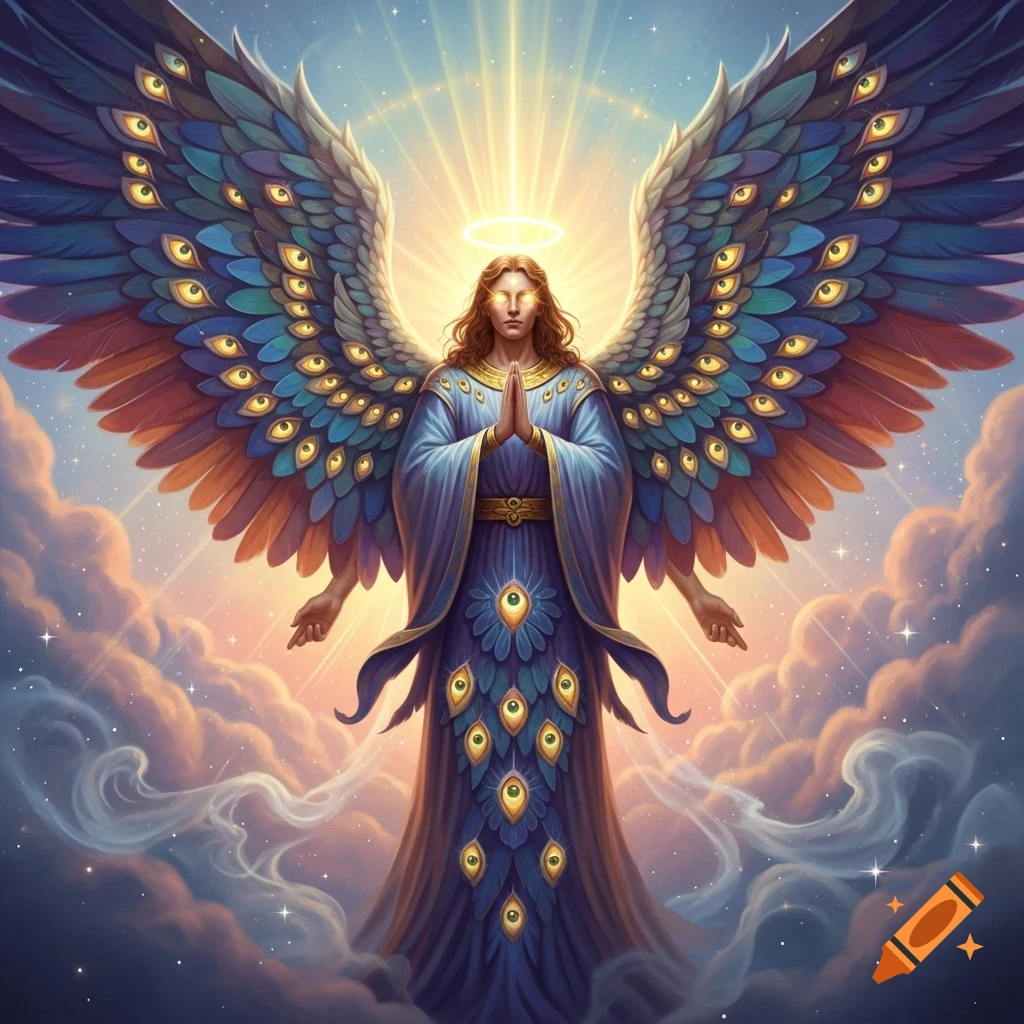 A glowing, biblically accurate angel with numerous eyes on its vast, feathered wings and robes, standing in prayer amidst clouds.