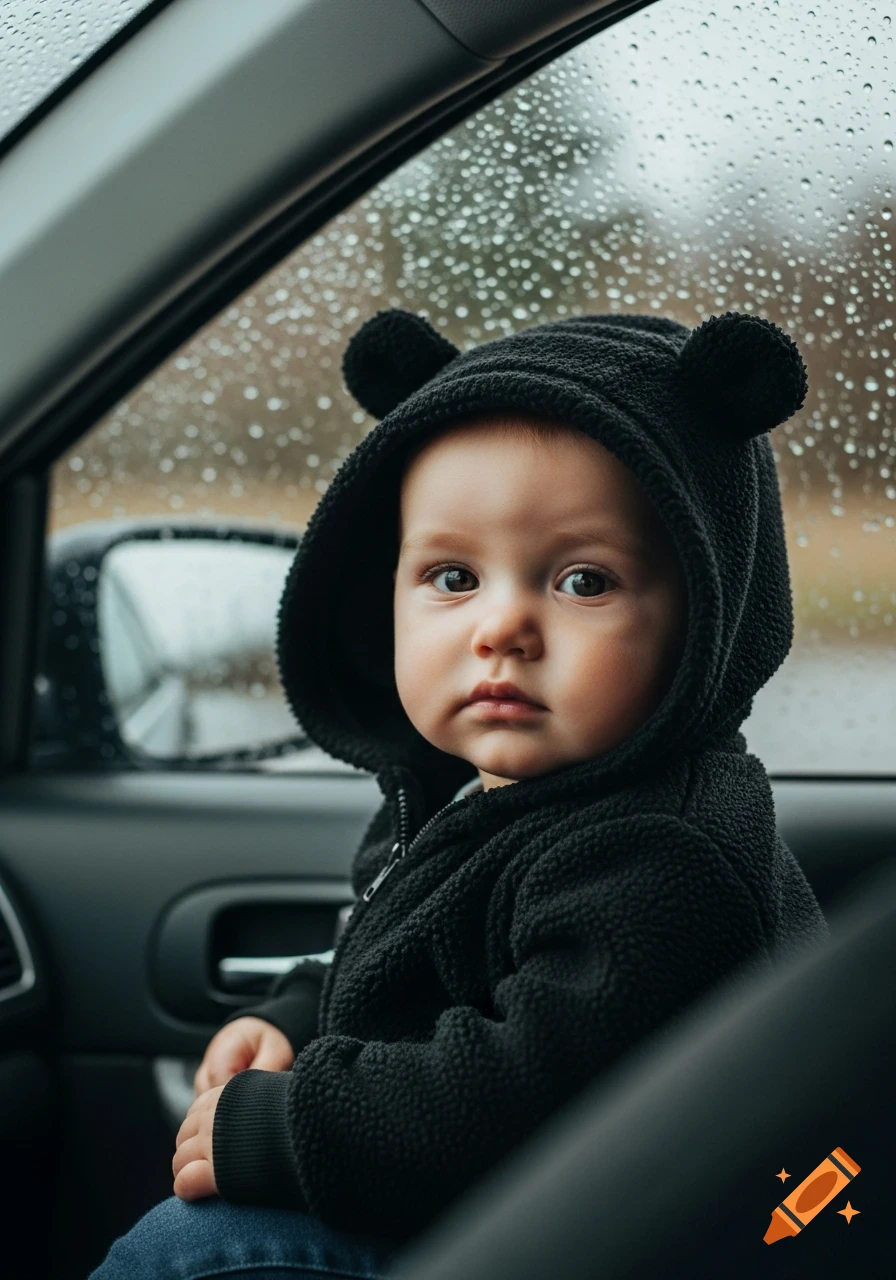 A photorealistic close-up of a baby wearing a black bear-ear hoodie inside a car with rain on the window.