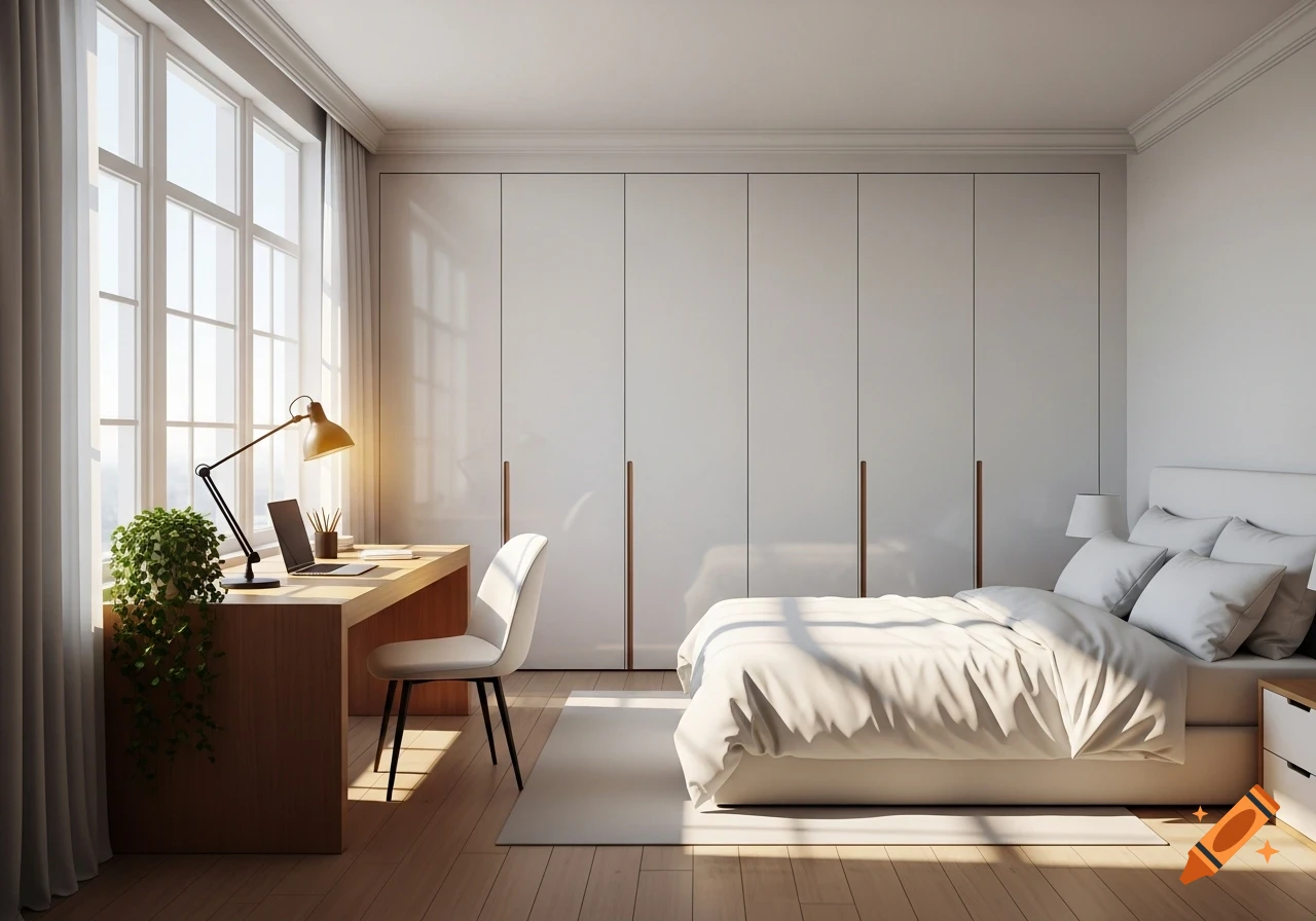 Photorealistic image of a modern bedroom with a white bed, a wooden desk with a lamp and laptop by a large window, and white wardrobes.