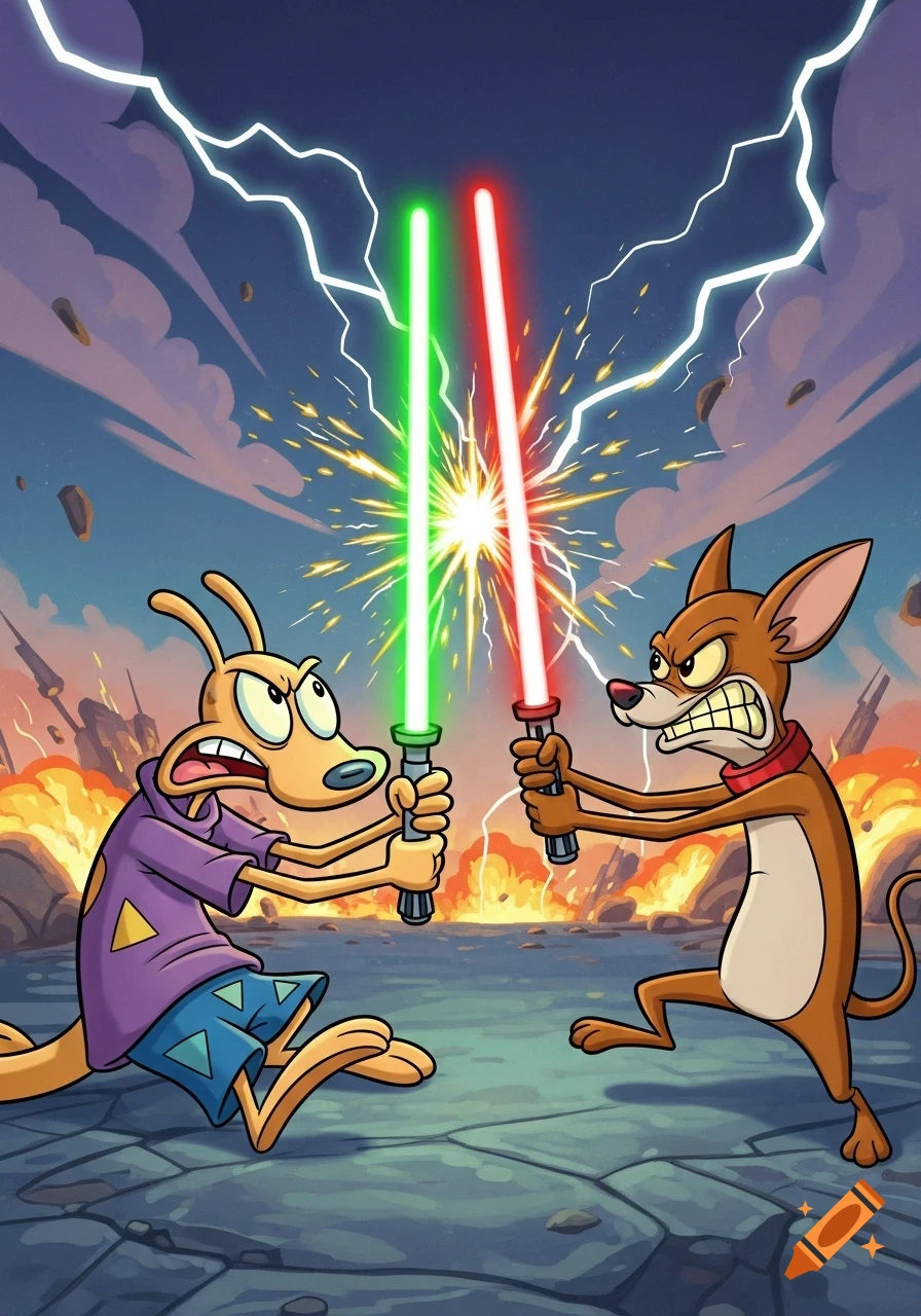 Rocko from Rocko's Modern Life and Ren from Ren & Stimpy duel with green and red lightsabers amidst lightning and fiery explosions.