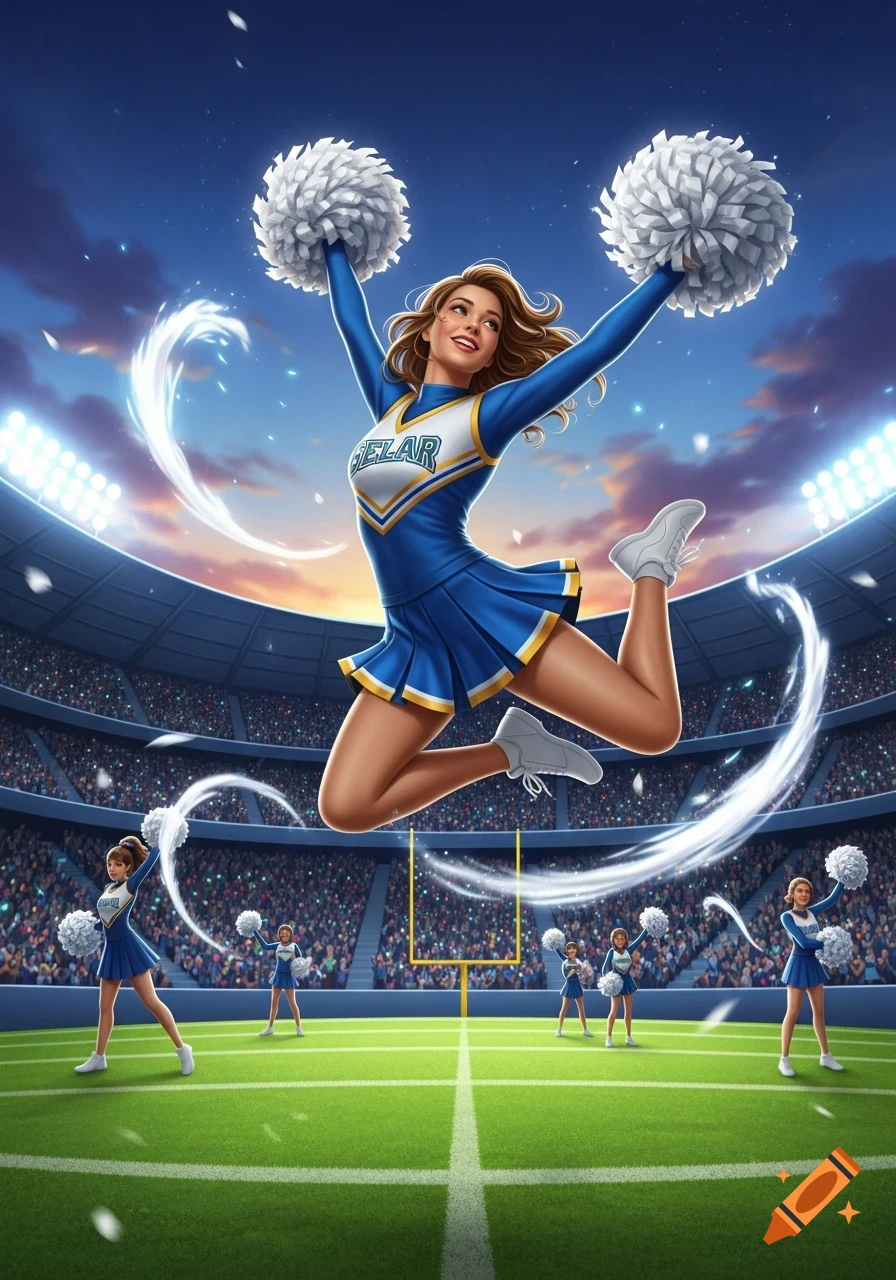 An energetic cheerleader in a blue uniform jumps with white pom-poms in a packed football stadium at sunset, digital illustration.