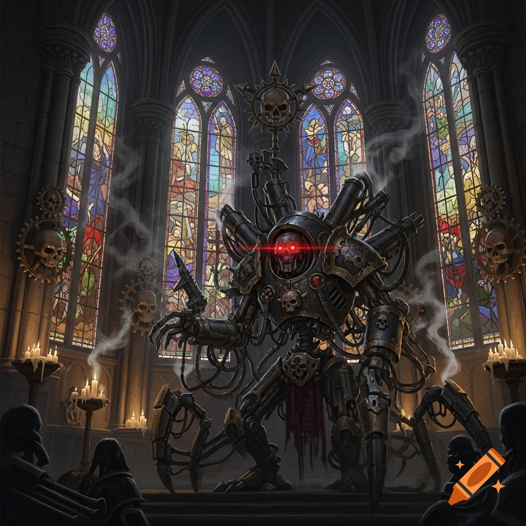 A grim, skull-adorned mechanical figure with glowing red eyes stands in a dark gothic church with vibrant stained-glass windows, smoke rising.