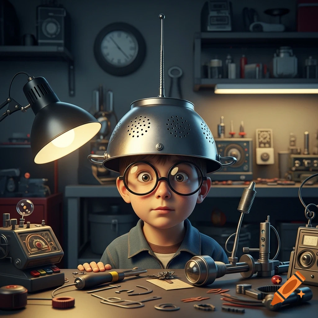 Photorealistic boy with big glasses and a colander helmet with an antenna, working intently in a detailed workshop filled with tools and gadgets.