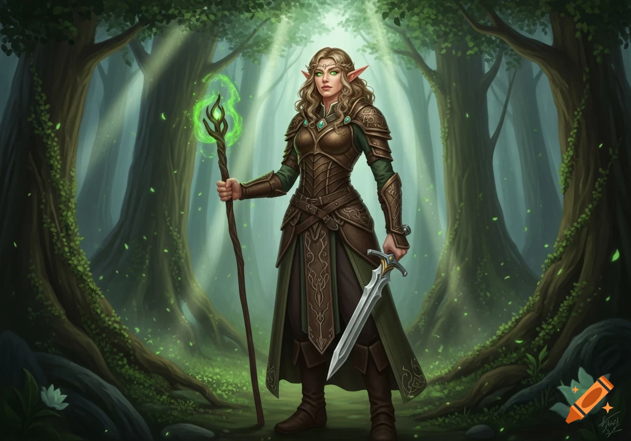 A tall female wood elf in leather armor stands in an enchanted forest, holding a glowing magic staff and a sword. High-fantasy digital illustration.