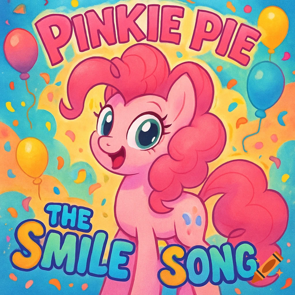Smiling Pinkie Pie from My Little Pony on a vibrant cartoon album cover with balloons, confetti, and the text 'PINKIE PIE THE SMILE SONG'.