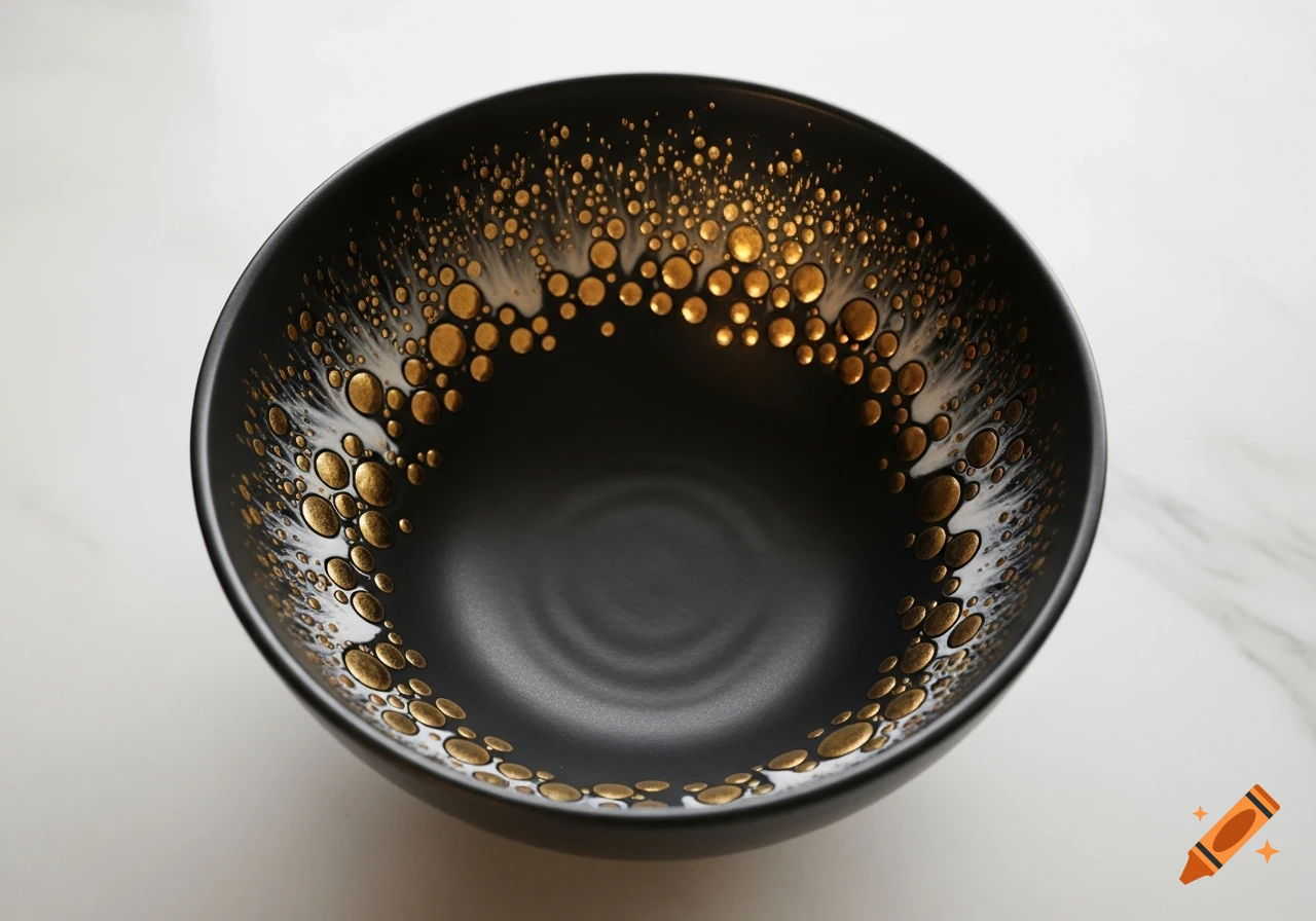 A black ceramic bowl with gold and white bubble-like patterns on a white surface.