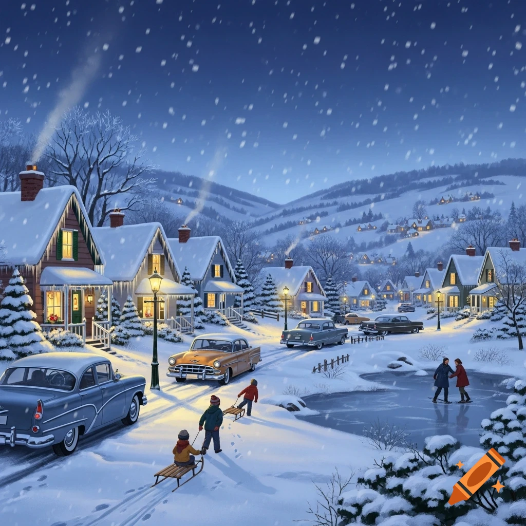 A serene 1950s style winter village scene at dusk with vintage cars, children sledding, and a couple ice skating.