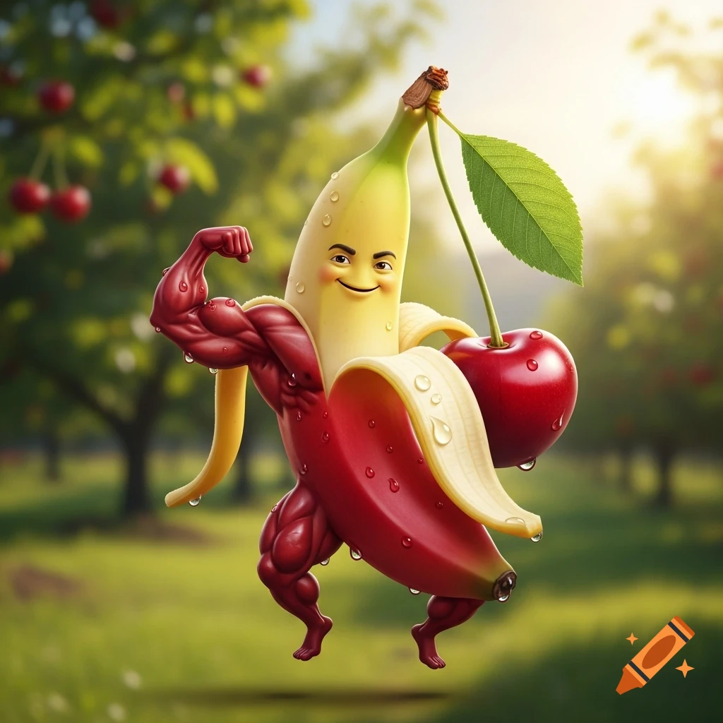 A muscular, anthropomorphic banana character with a human-like face, revealing a red, muscular body, standing in a garden and holding a cherry.