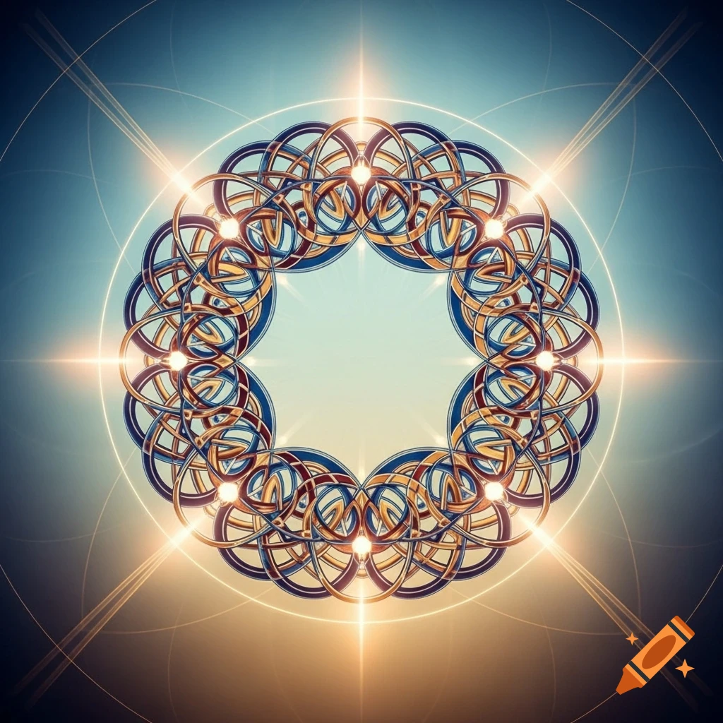 An intricate, glowing circular pattern resembling a Celtic knot or mandala, against a blue and gold gradient background.