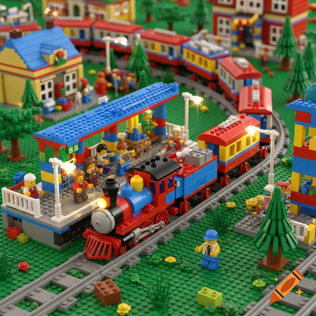 Lego train set featuring a red and blue train at a station with minifigures and buildings on a green baseplate.