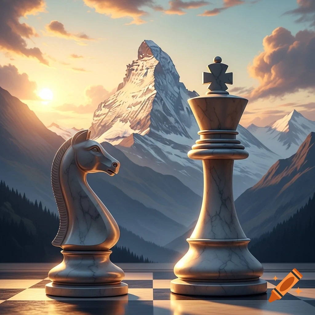 A marble knight and king chess piece stand on a chessboard with a dramatic, snow-capped mountain range at sunset in a fantasy style.