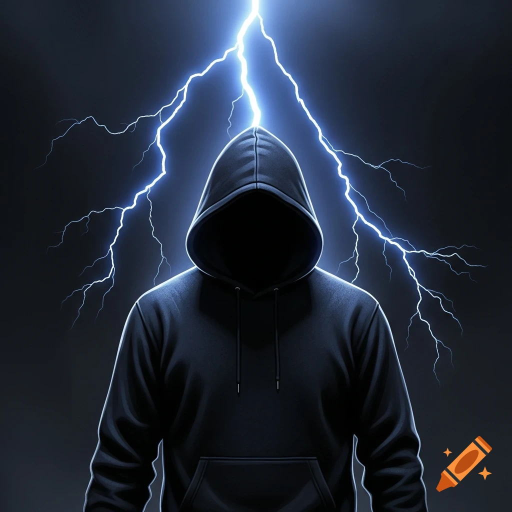 A mysterious figure in a dark hoodie stands under a bright blue lightning strike against a black background.