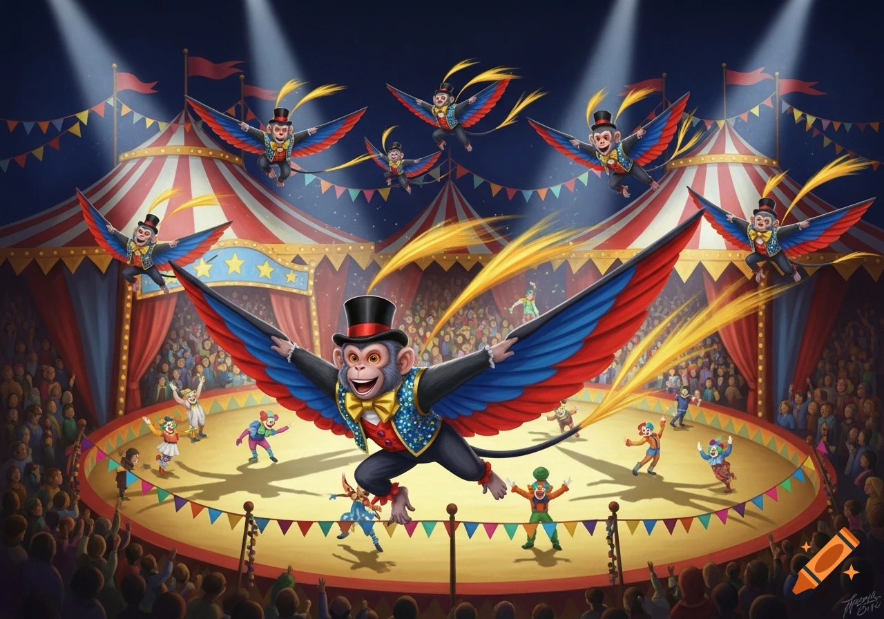 A colorful illustration of winged monkeys in top hats flying above a lively circus ring with clowns and an audience.