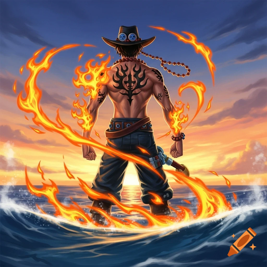 Portgas D. Ace, a shirtless man with tattoos and a cowboy hat, stands in water surrounded by fire against a sunset sky in an anime style.