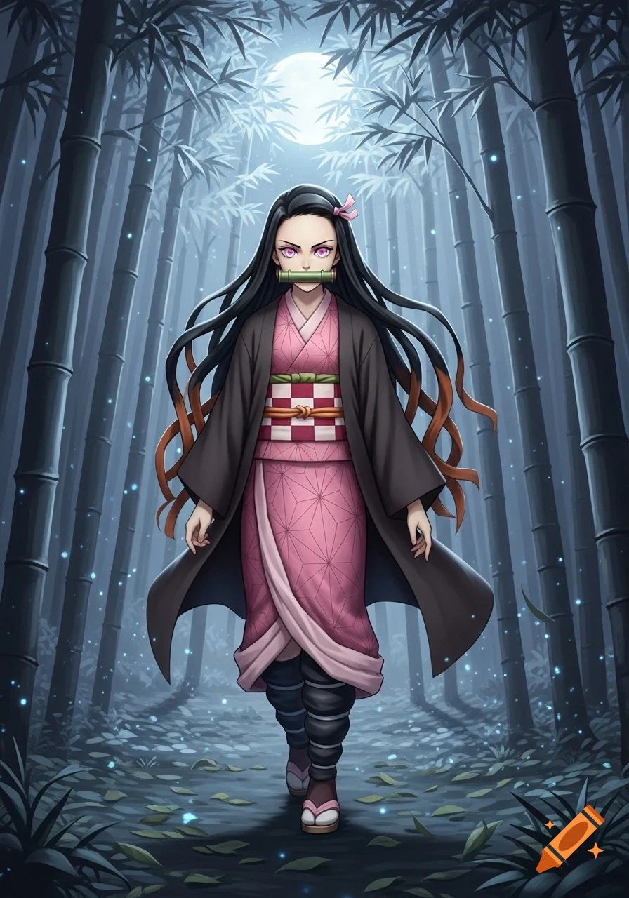 Nezuko Kamado from Demon Slayer stands in a dark, moonlit bamboo forest with glowing particles, depicted in an anime art style.
