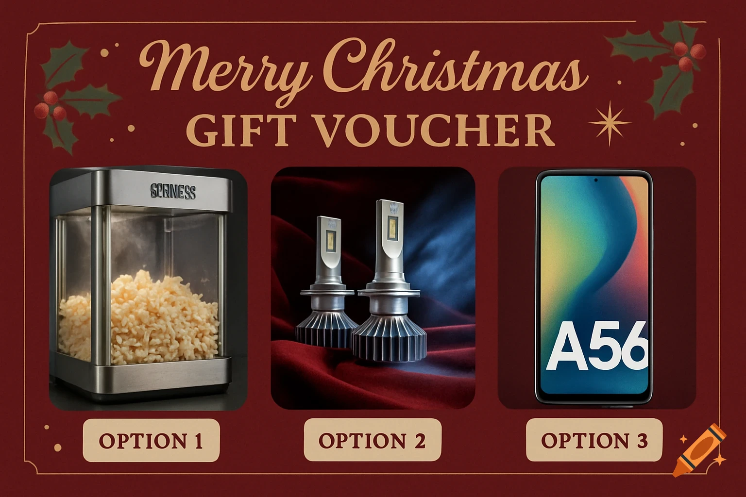 A Christmas gift voucher design on a red background with holly leaves, featuring three product options: a popcorn machine, a pair of LED lights, and a smartphone.
