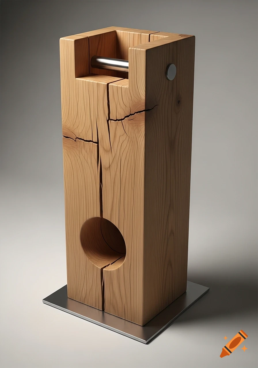 A rustic wooden toilet paper holder with a metal rod at the top, a circular hole for a spare roll, and a square metal base.