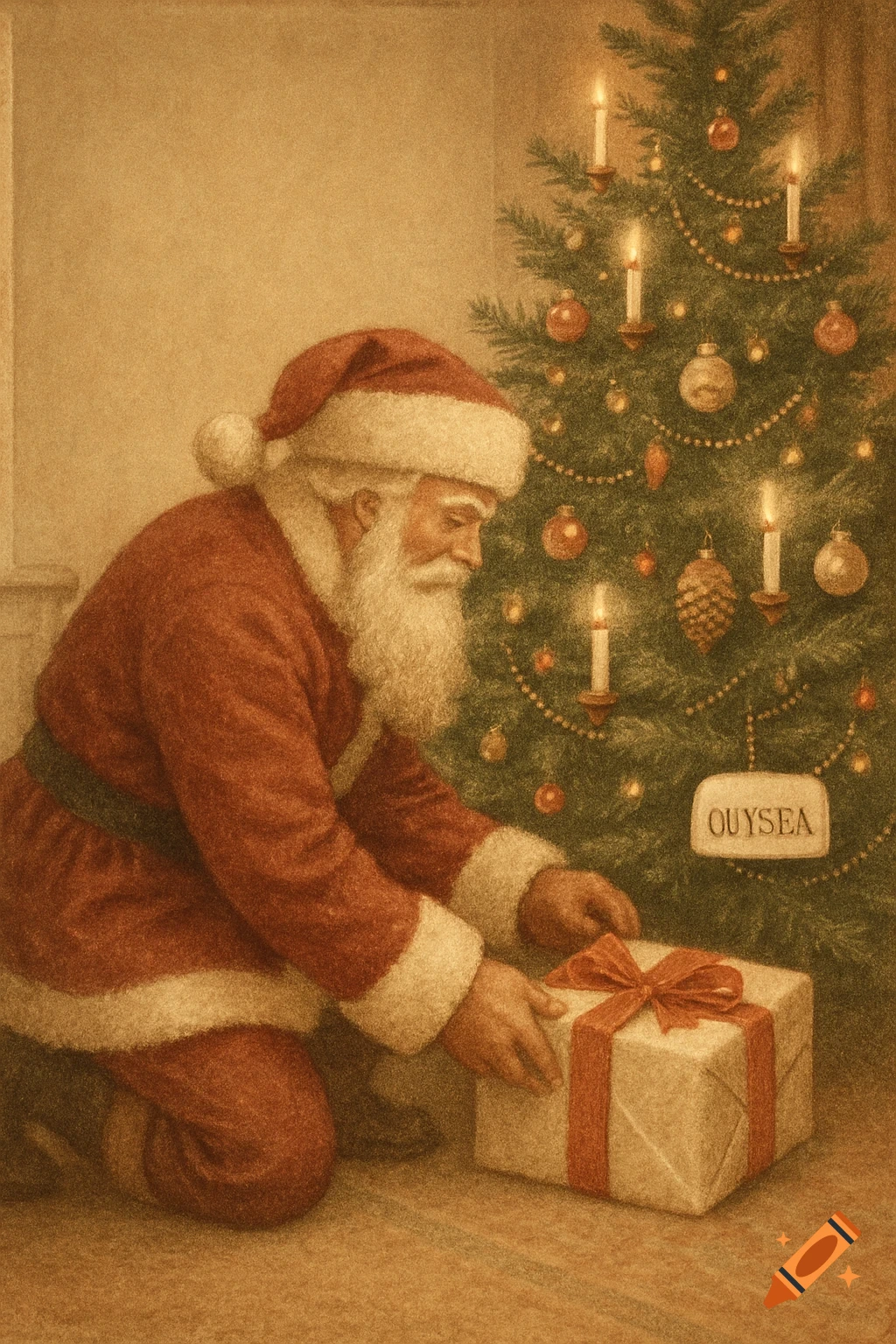 Santa Claus kneels to place a wrapped gift under a vintage-style Christmas tree with candles and ornaments, rendered in sepia tones with a grainy texture.