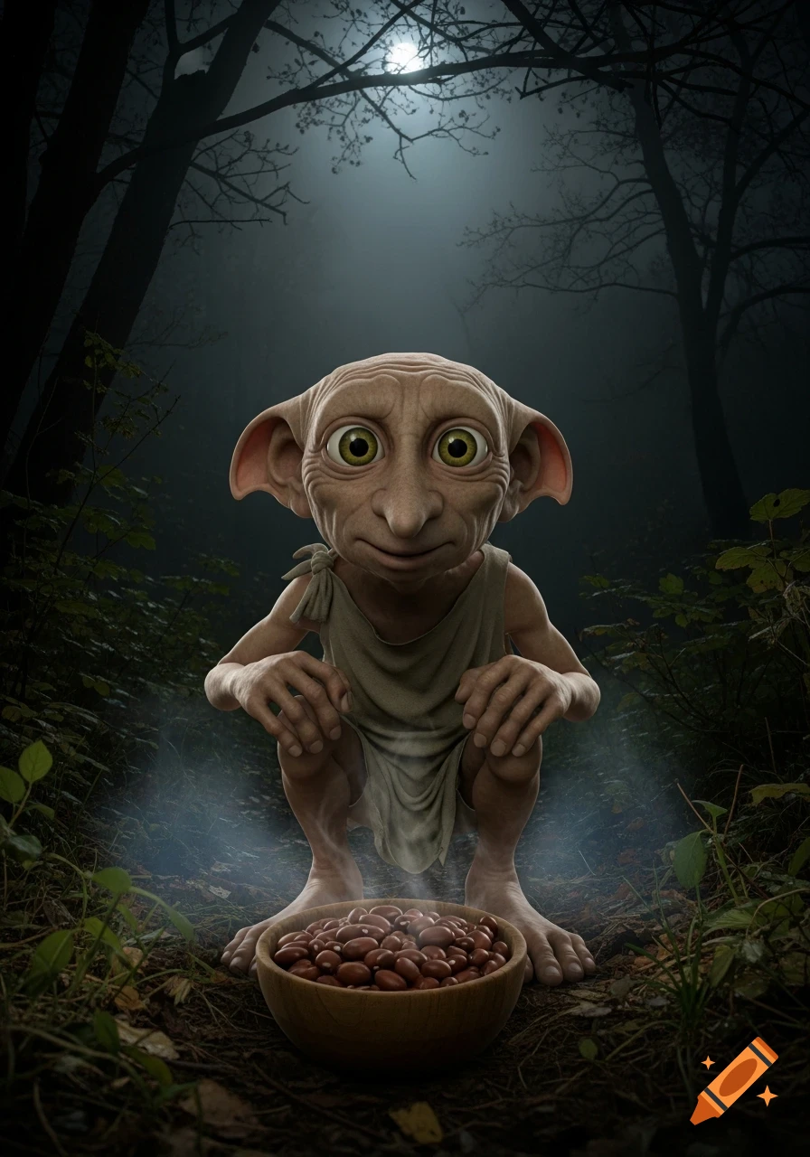 Dobby the house-elf crouches in a dark, misty forest under moonlight, looking at a wooden bowl of beans.
