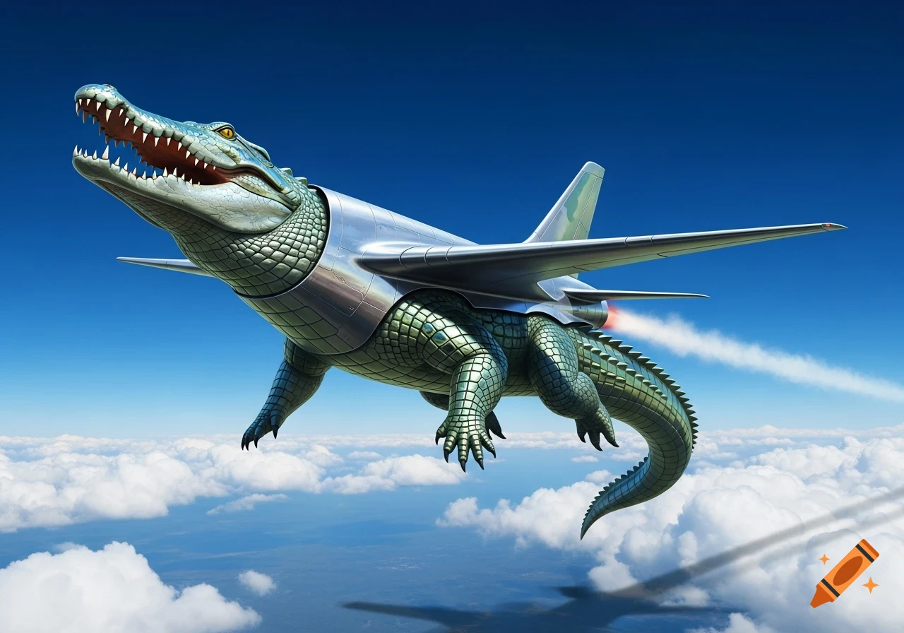 A large green crocodile with a metallic airplane fuselage, wings, and jet engine fused to its back, flies through a blue sky above white clouds.