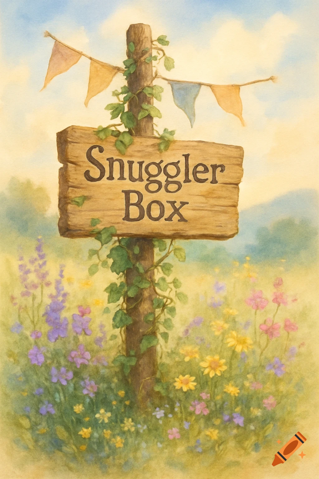 Watercolor illustration of a wooden sign post reading 'Snuggler Box' amidst colorful wildflowers under a light blue sky.