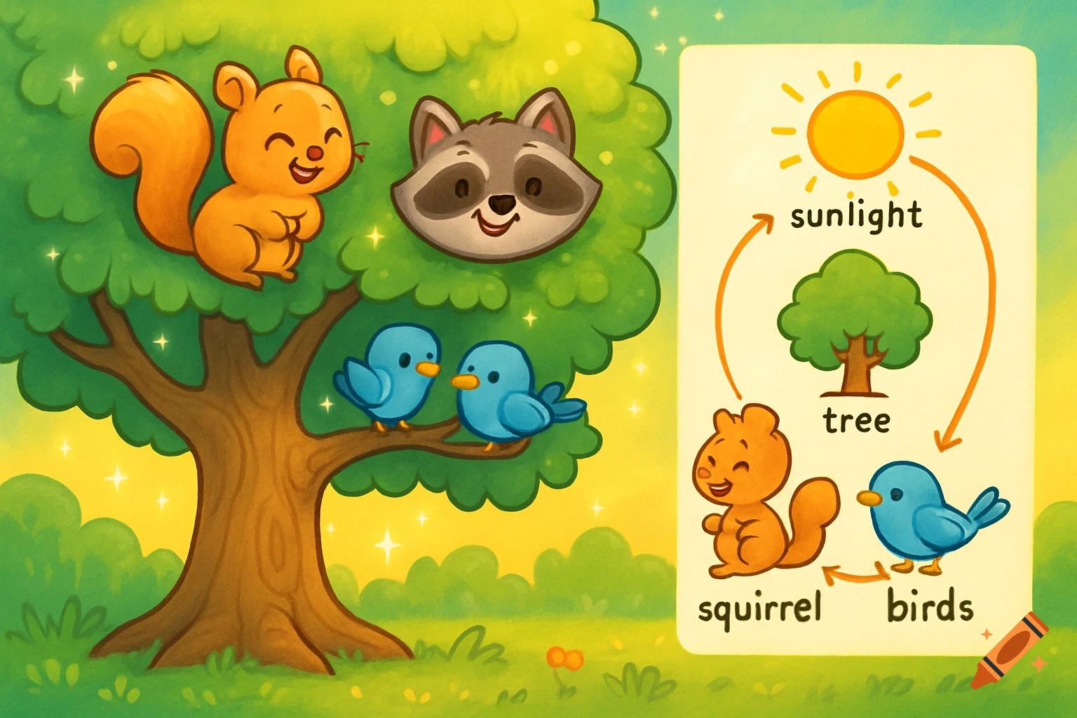 A cute cartoon tree with a happy squirrel, raccoon head, and two blue birds, alongside an educational chart of nature elements.