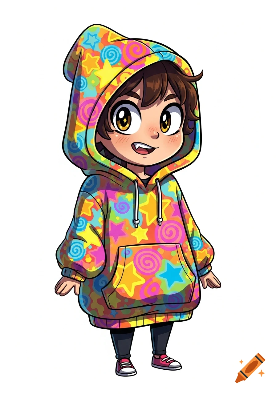An animated cartoon kid with big eyes and dark hair, wearing a bright, colorful hoodie patterned with stars and swirls, on a white background.