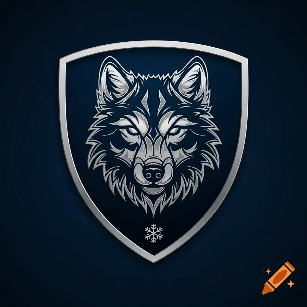 Silver abstract wolf head on a dark blue shield-shaped badge with a snowflake symbol at the bottom.