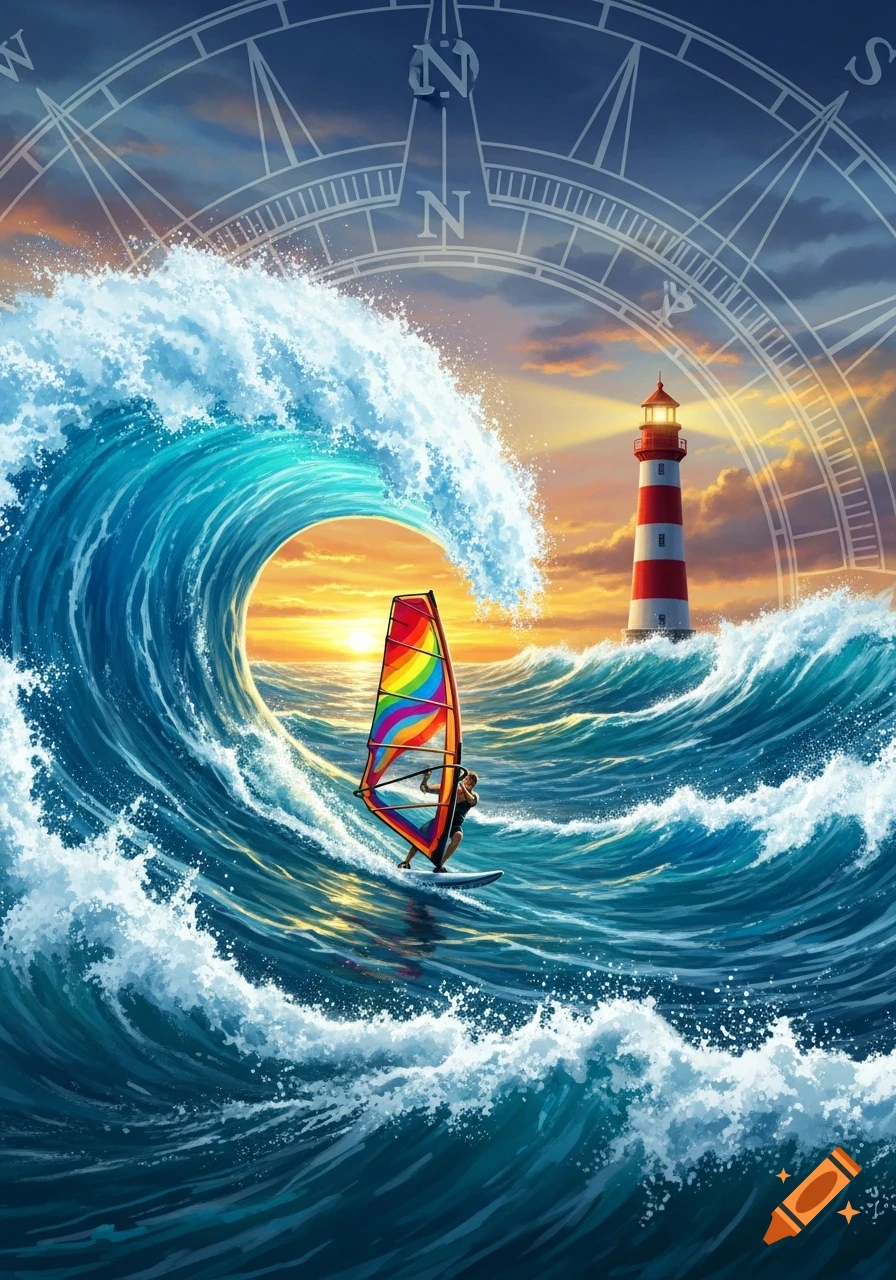 An illustrative scene of a windsurfer riding a large wave with a rainbow sail, a lighthouse, and a sunset under a compass rose.