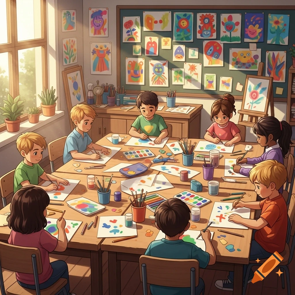 Young children paint and draw at large tables in a brightly lit art classroom with colorful drawings on the walls, in an illustrative style.