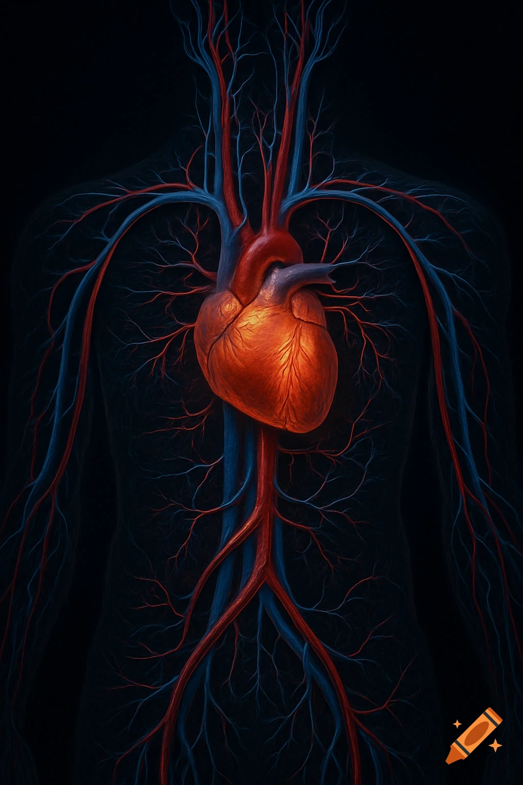 An artistic illustration of a human circulatory system with a glowing red heart and radiating red and blue vessels against a dark background.