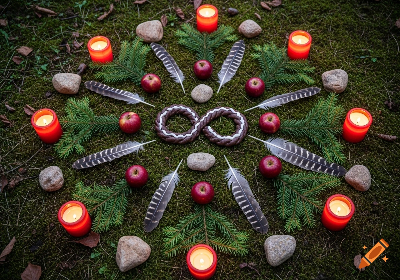 Photorealistic still life: A spiritual arrangement of candles, apples, feathers, stones, and branches on moss, centered by an infinity symbol.