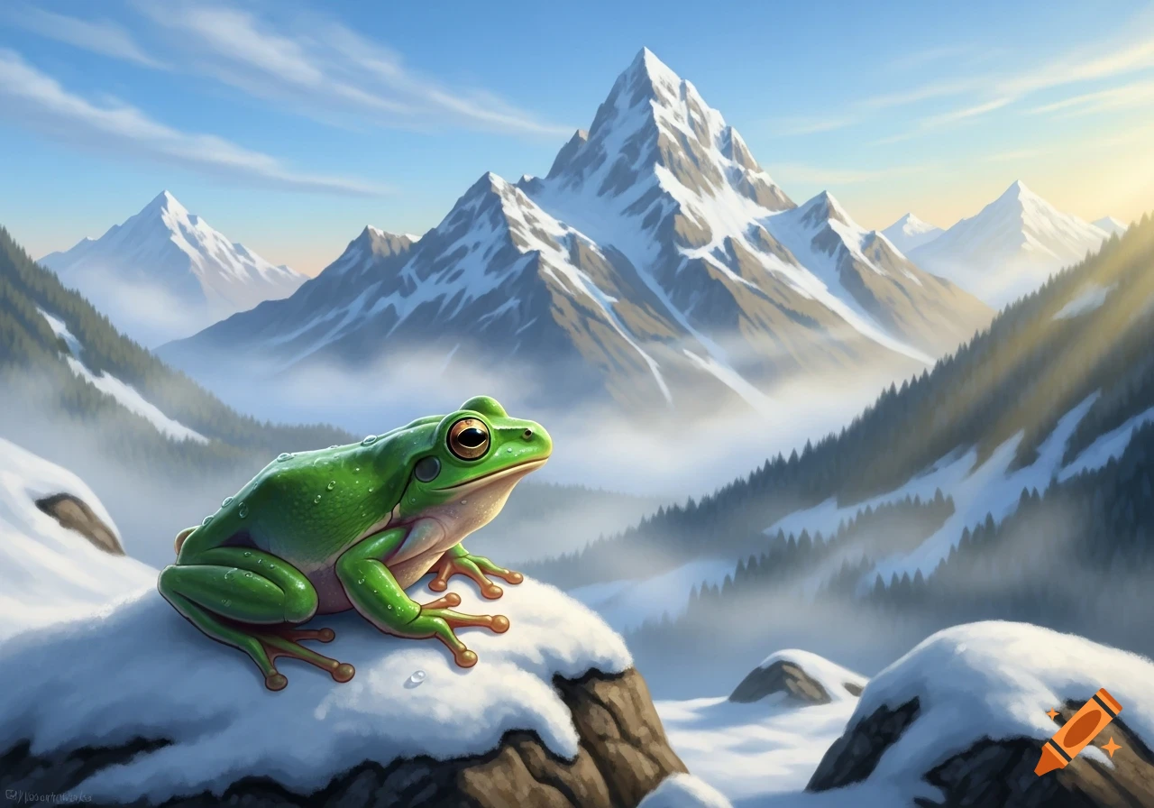 A vibrant green frog sits on a snowy rock, with majestic snow-capped mountains and pine forests under a sunny sky.