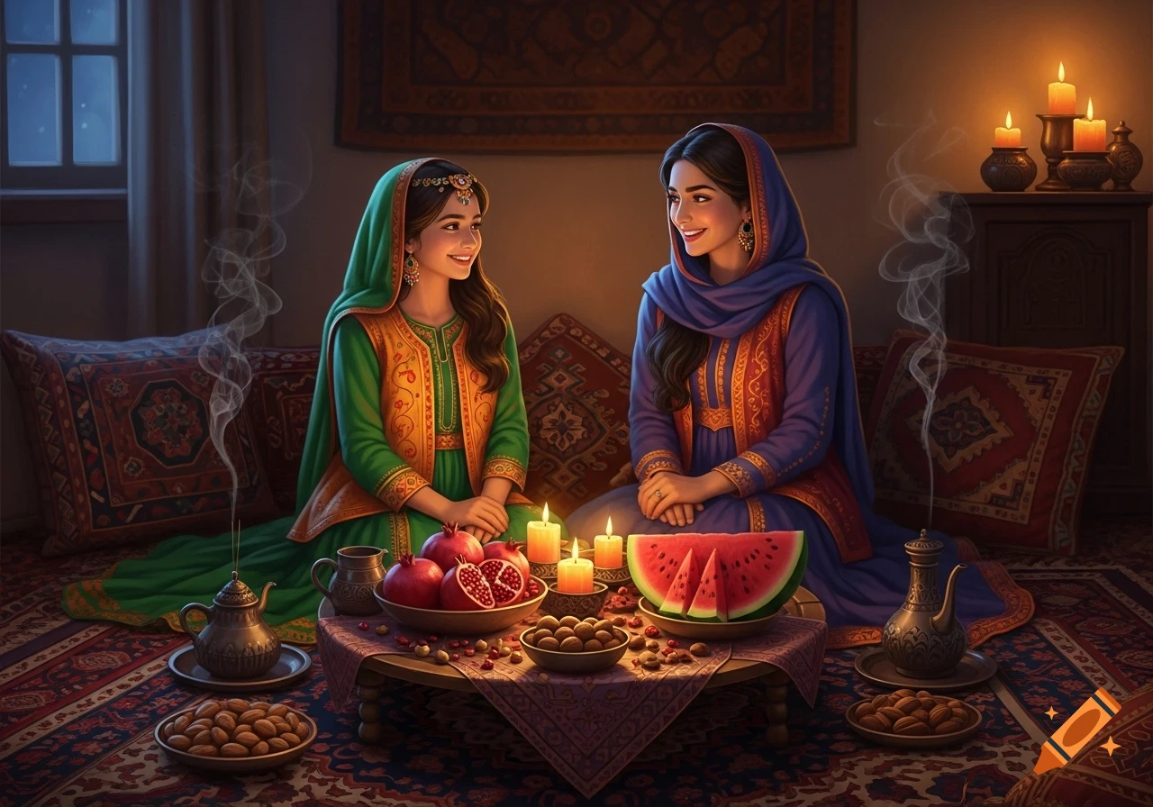 A mother and daughter in traditional Iranian clothes celebrating Yalda night with pomegranates, watermelon, nuts, and candles on a Persian rug.