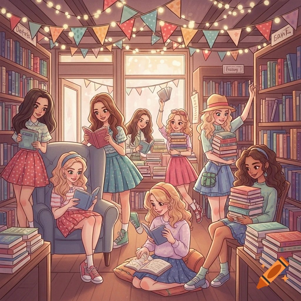 An illustration of several young women and girls reading and looking at books in a cozy bookstore decorated with string lights and colorful bunting.