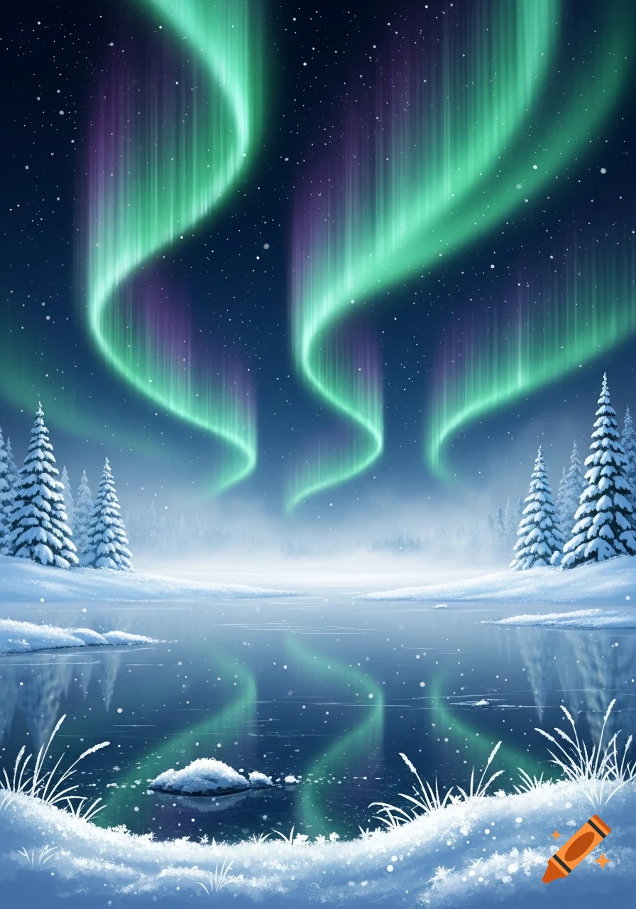 Vibrant green and purple aurora borealis glow over a snowy winter landscape with a frozen lake and snow-covered pine trees.