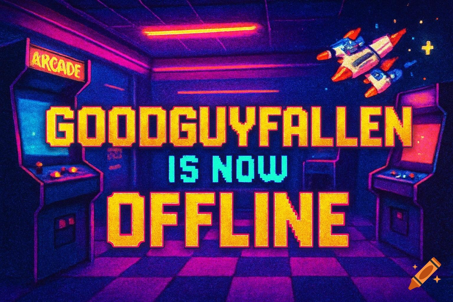 Vibrant pixel art retro arcade scene with neon lights, showing arcade machines, a spaceship, and the text 'GOODGUYFALLEN IS NOW OFFLINE'.