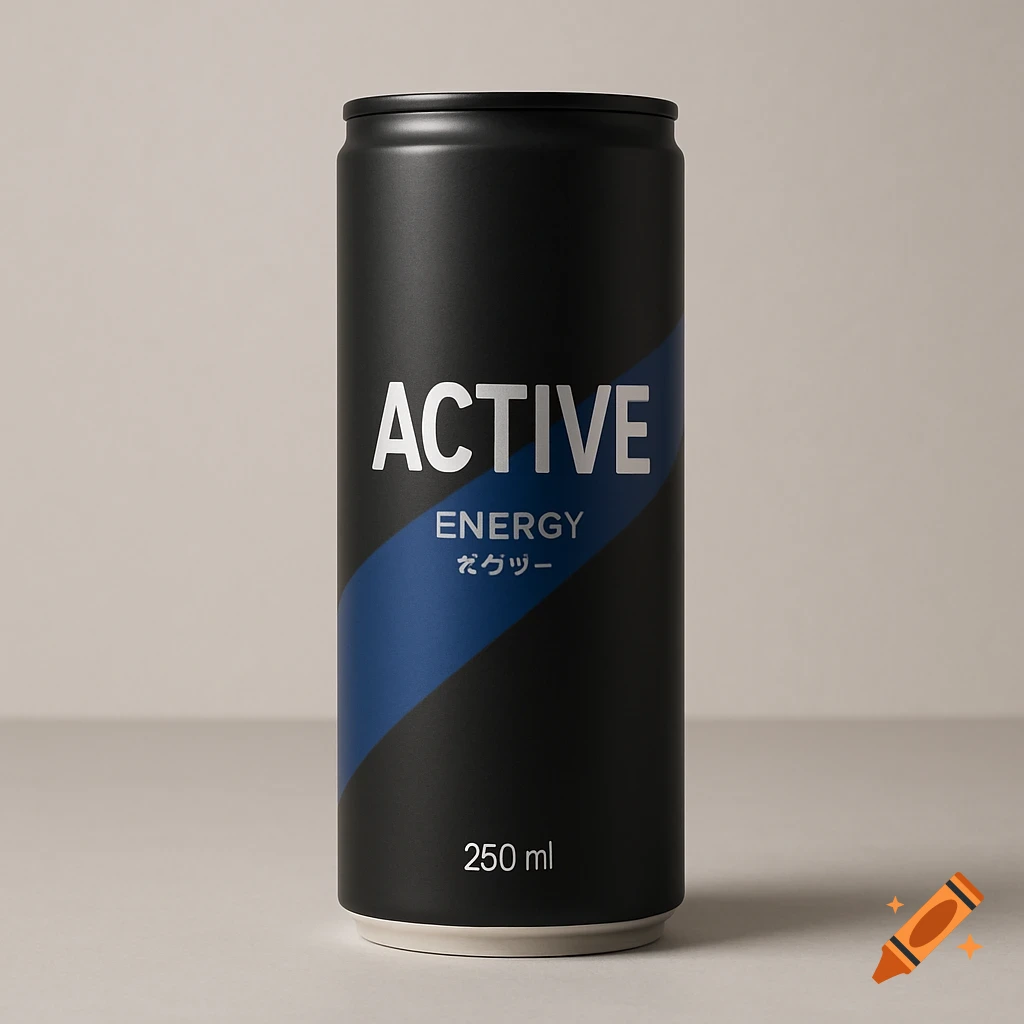 Matte black energy drink can with a blue diagonal stripe and 'ACTIVE ENERGY' in silver text, '250 ml' below.