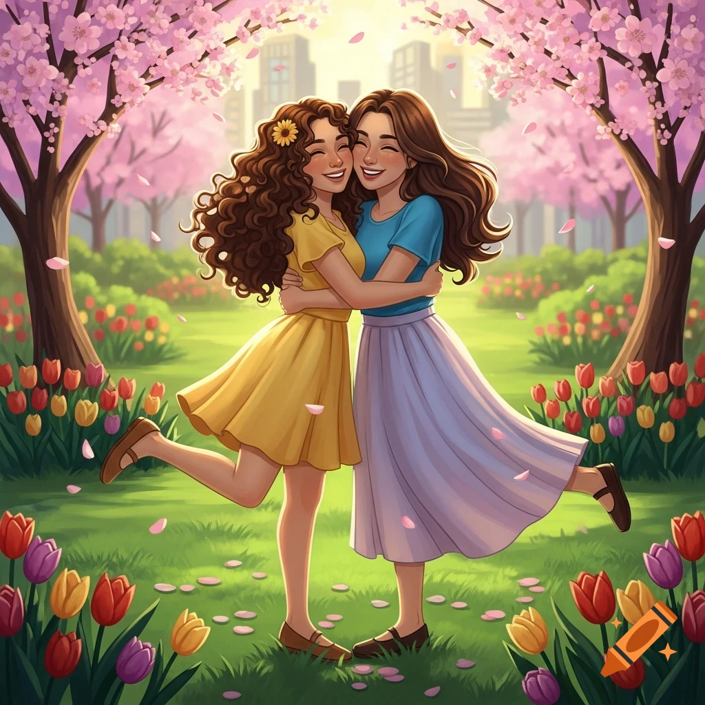 Two cheerful women hug in a vibrant, illustrated spring park with cherry blossom trees and tulips, city in background.