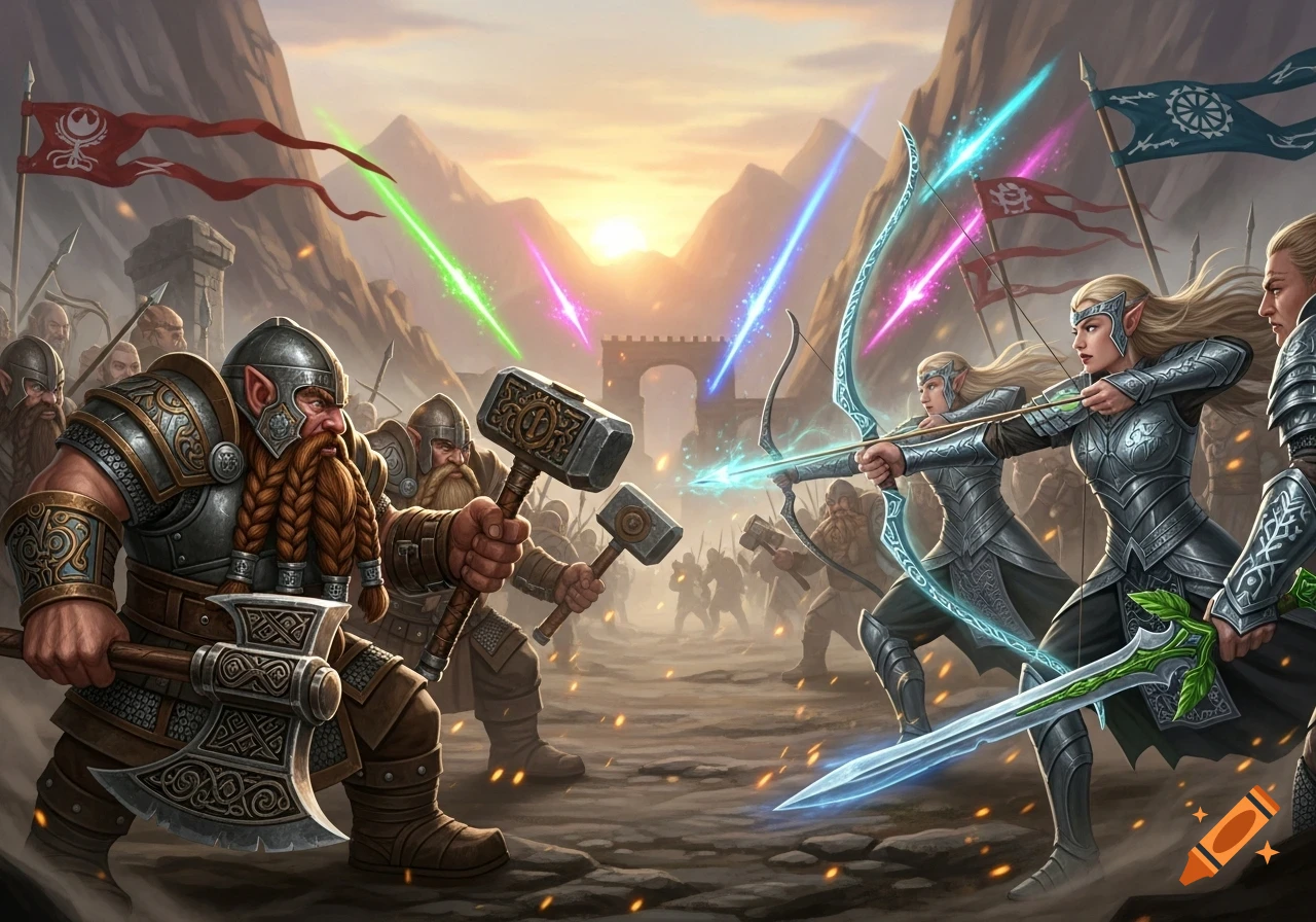 D&D style fantasy art depicting dwarves with axes and hammers battling elves with bows and swords in a mountainous landscape at sunset.