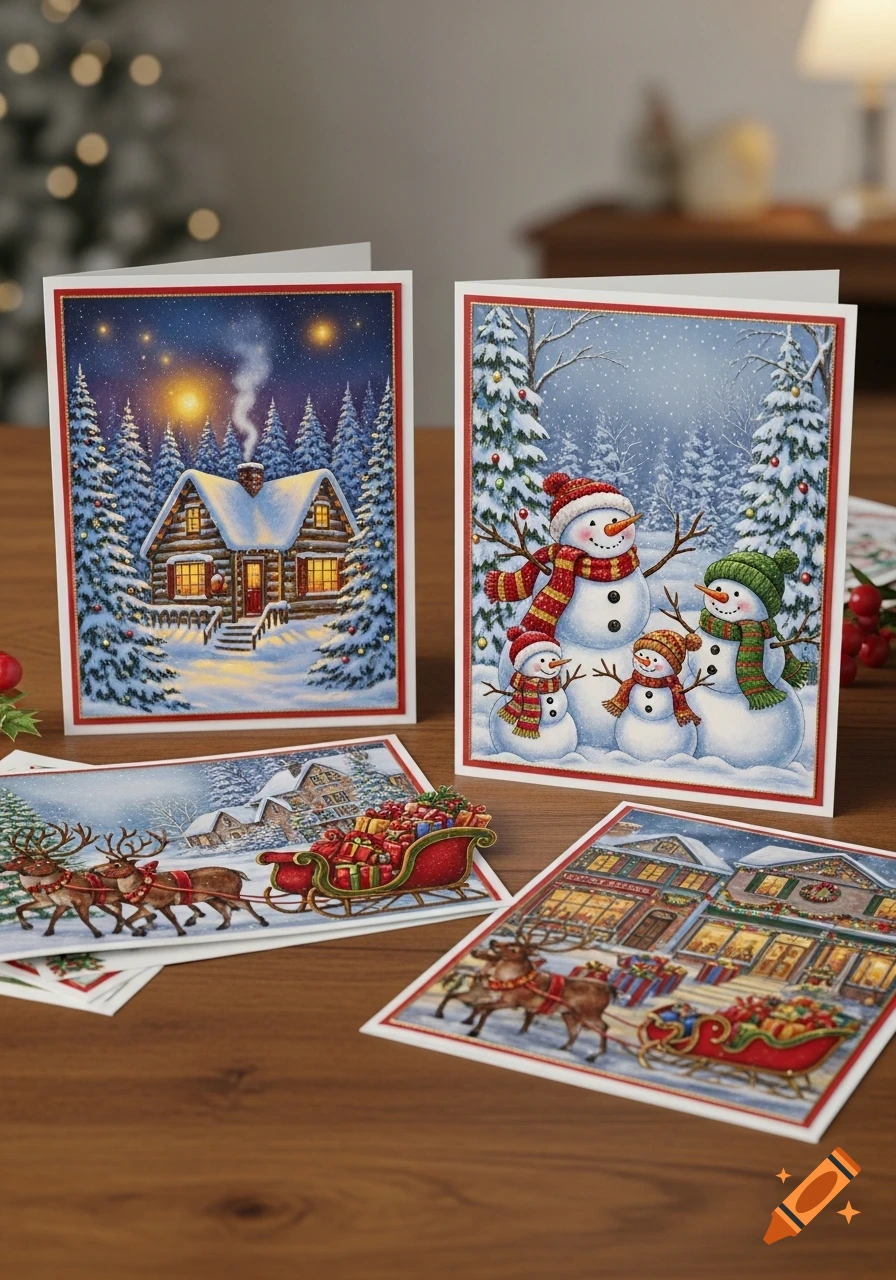 Several Christmas cards featuring snowy winter scenes with a cabin, snowmen, and reindeer pulling a sleigh on a wooden table.