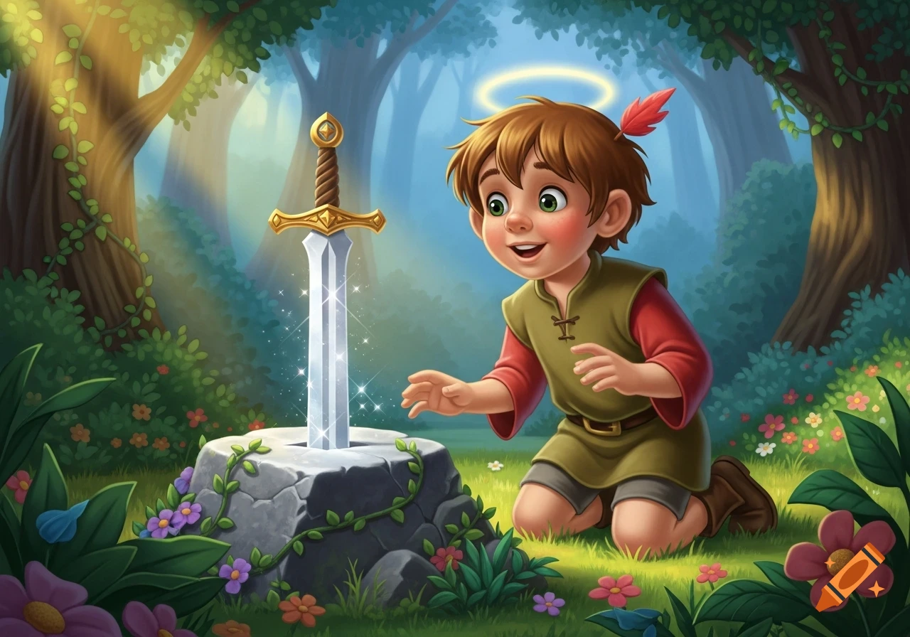 A young cartoon boy kneels in a magical forest, looking in awe at a glowing sword stuck in a stone.
