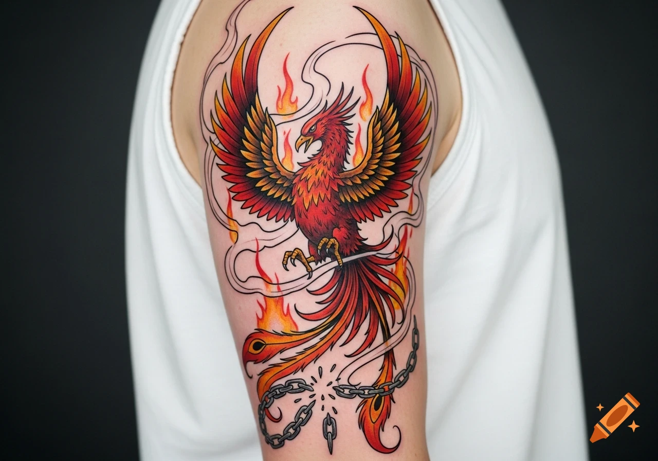 A vibrant red and gold phoenix tattoo with flames and broken chains on an arm.