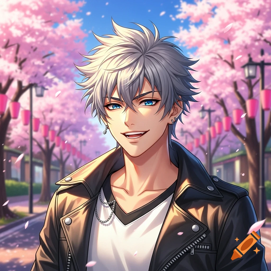 Anime man with spiky grey hair and blue eyes, smiling in a cherry blossom-lined street.