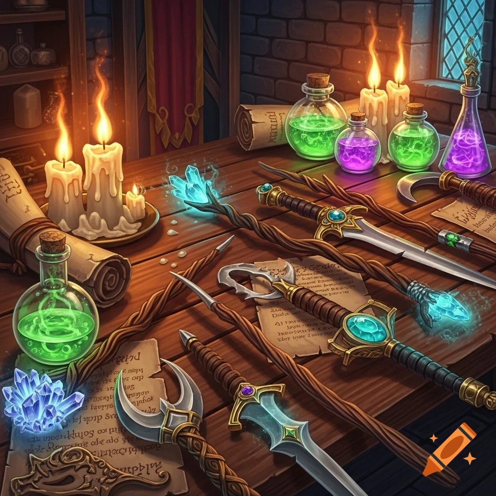 A dark wooden table filled with fantasy tools, including glowing green and purple potions, lit candles, scrolls, ornate staffs, swords, and luminous crystals.